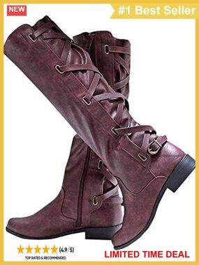 Coutgo Womens Faux Leather Knee High Lace Up Boots Combat Riding Low Heel